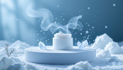 Whitening cream jar on snowy white display serene setting product photography fine art elegant concept