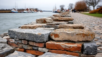 Cobblestone Pathway by Canal with Historic Stone Wall and Boats in Background