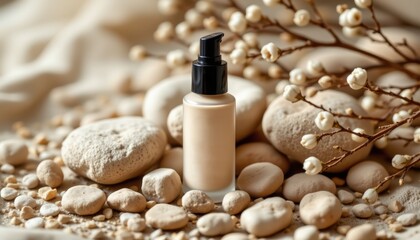 Elegant natural cosmetic foundation display among smooth stones tranquil setting product photography natural aesthetics