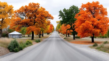 Obraz premium Scenic Autumn Country Road Lined with Vibrant Maple and Yellow Trees