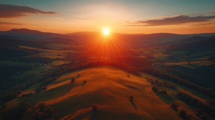 Fototapeta premium Sunset Aerial View Hilltop Landscape