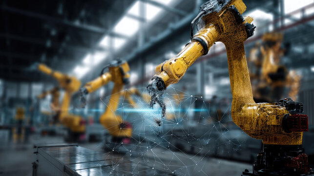 Industrial robots in a factory setting.  Automated arms perform precise tasks in a production line