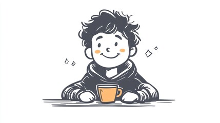 Cartoon boy drinking from cup, happy, simple illustration, friendly, lighthearted, positive