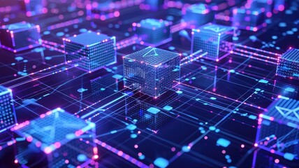Obraz premium Abstract modern style geometric shapes on surface of digital cyber design express scene of cyberspace style. High tech cube of data scenery in pattern perfect for wallpaper and background. AIG53.