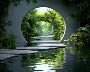 Tranquil, circular garden pathway through a stone archway
