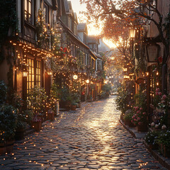 Fototapeta premium A highly detailed, photorealistic view of a charming European old town street, paved with cobblestones and surrounded by historic buildings with intricate facades