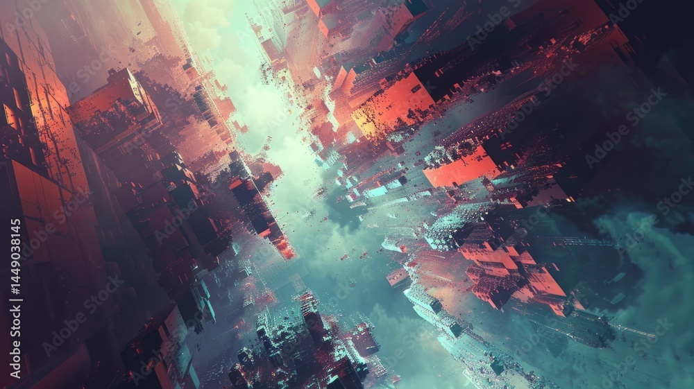 Poster abstract digital shape and particle technological cyber style design connecting become system shape 