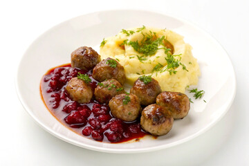 Traditional swedish meatballs with lingonberry sauce and mashed potatoes on white background
