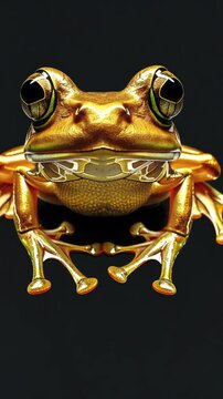 Golden frog logo illustration on black background. Emblem, icon for company or sport team branding