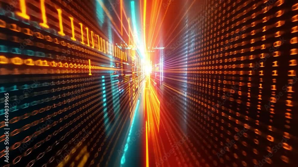 Poster vibrant digital abstract landscape showcasing glowing lines of binary code and data flow, evoking te
