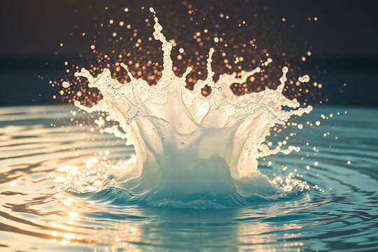 Fresh Feel of Water Splash in Turquoise Pool With Golden Backlight