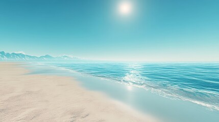 Fototapeta premium Minimalist view of a serene beach with soft sand and a calm sea at midday