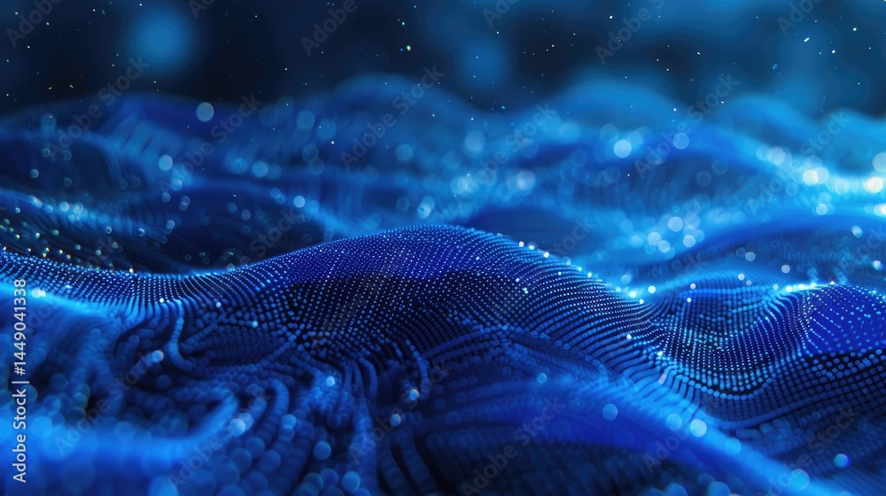 Poster this abstract image features a stunning blue wave-like pattern filled with dots and lines, creating 