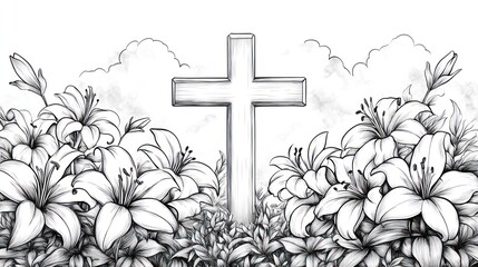 Christian cross in lily flower field, religious artwork, peaceful scene