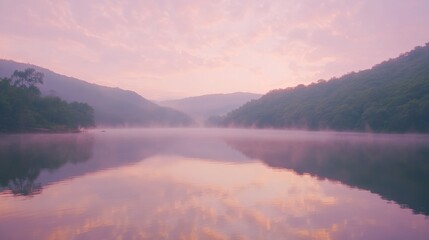 Obraz premium Peaceful misty mountain lake reflecting pink sunrise clouds in a tranquil morning setting