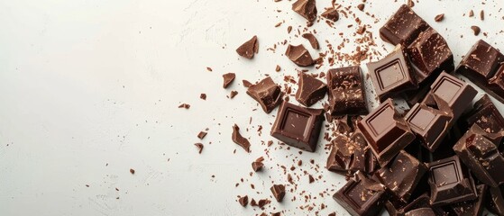 Fototapeta premium Broken chocolate pieces on a white background. Flat lay composition with copy space for dessert and confectionery design. Top down aerial view of chocolate piece scattering at vibrant color. AIG55.