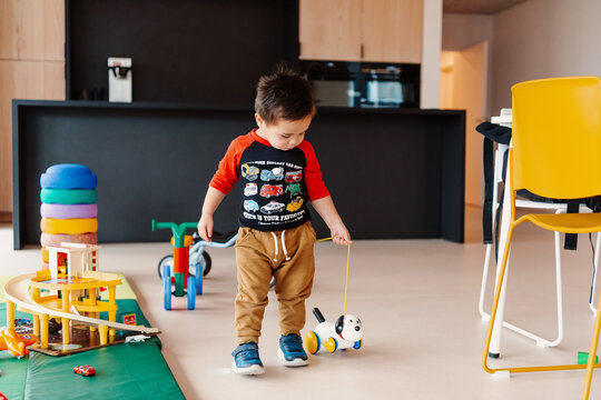 Little boy playing with a dog on wheels toy 