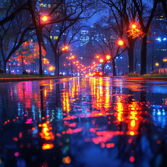 Fototapeta premium City street during a rainy night with reflections of lights on the wet pavement