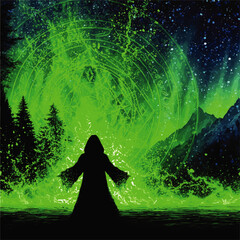 Hooded Mage Casting Green Magic Spell in Enchanted Forest Night, Powerful Fantasy Scene, Glowing Energy, Mystical Landscape