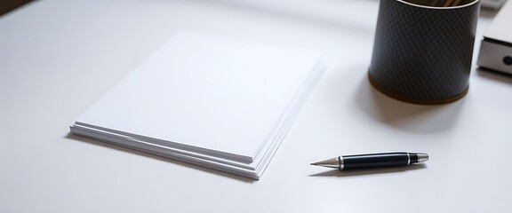desk with a pen and a notebook on it