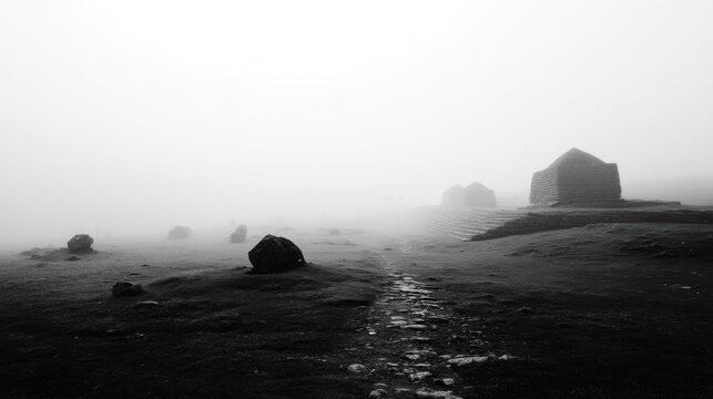 A serene, monochromatic landscape featuring a desolate path leading into a dense fog that envelops the scene. The foreground consists of large, smooth stones scattered across a barren ground, while in