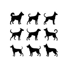 Silhouette group of American dog breeds - puppies, adult dogs - standing, running, hunting, play poses. Black pet animal minimalist icons isolated white background. Stylized, colorful dog silhouettes 