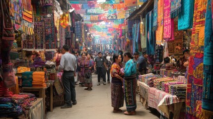 Obraz premium A bustling market scene showcasing vibrant textiles and crafts, with colorful woven items hanging from the ceiling and displayed on tables. Vendors chat with customers, and shoppers browse through an 