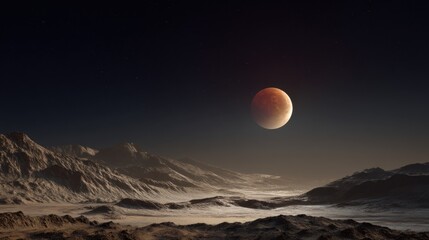 A breathtaking view of a surreal celestial landscape featuring a large, partially eclipsed moon in the night sky above a desolate, rocky terrain. The foreground displays intricate details of rugged mo
