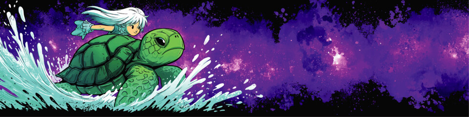 Obraz premium Fantasy Anime Style Girl Riding Sea Turtle on Splashing Waves, Vibrant Purple Watercolor Galaxy Background, Whimsical Adventure Illustration