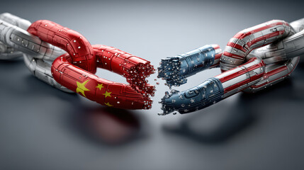 A broken chain with a red and blue link