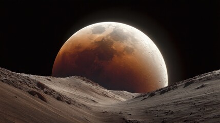 A breathtaking view of a celestial landscape featuring a large, illuminated planet emerging over rugged terrain. The foreground highlights rocky, dusty surfaces, while the massive planet in the backgr