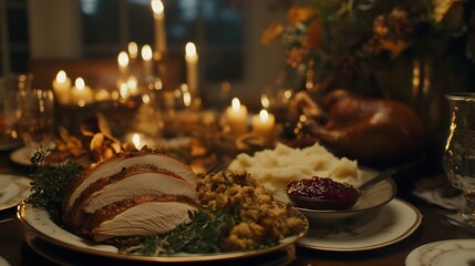 A warm, inviting Thanksgiving table scene.  Slices of roasted turkey are the centerpiece, surrounded by mashed potatoes, stuffing, cranberry sauce, and candlelight.