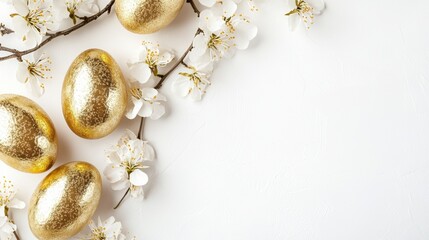 Elegant Easter banner featuring gold eggs and blossoming branches on a bright white background for festive celebrations