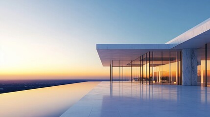 Fototapeta premium Modern architectural structure overlooking a tranquil pool.