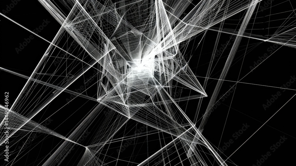 Poster this abstract image features a complex geometric structure with thin, angled lines creating a dynami