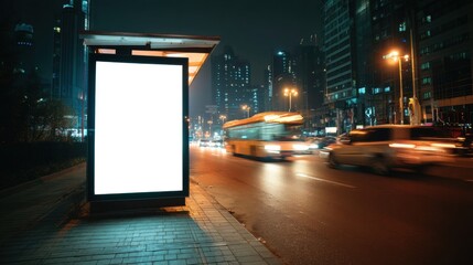 A bustling urban street at night featuring a blank advertising board and moving vehicles under the glow of city lights.