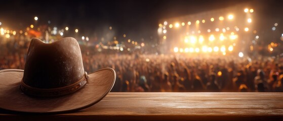 A cowboy hat rests on a wooden railing, overlooking a vibrant concert crowd illuminated by bright stage lights.