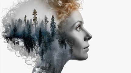 A creative portrait blending a woman's profile with a forest, symbolizing nature and introspection.