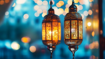 Obraz premium Two intricately designed Moroccan lanterns glow softly against a bokeh background of warm and cool colors. Perfect for Ramadan, Eid, or festive occasions.