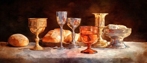 A beautifully arranged display of various elegant glassware and bread on a textured surface, exuding a warm and inviting atmosphere.