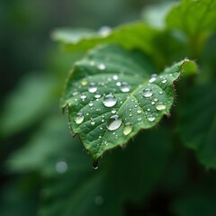 Close-Up of Raindrops on Green Leaves with Natural Sunlight &ndash; Nature Detail Illustration


