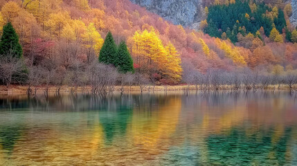 Autumnal lake reflects vibrant forest hues