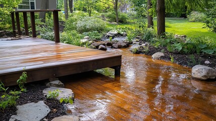 Serene Backyard Water Feature Wooden Deck Peaceful Landscape Design Tranquil Garden Creek Natural Stone Pathway Relaxing Nature Scene Summertime Idyllic Outdoor Area Beautiful Residential Property    