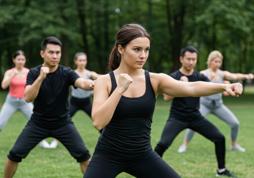Focused Woman Leading Outdoor Martial Arts Fitness Class Diverse Group - Powered by Adobe