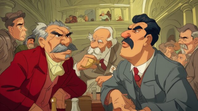 An animated scene featuring a heated debate among several characters in a vintage court setting. The foreground prominently displays two men with distinct styles: one in a red coat and the other in a 