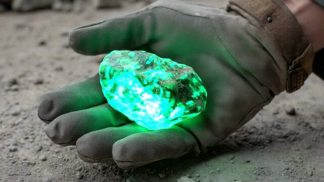 Worker&rsquo;s gloved hand holding bright glowing uncut emerald gemstone freshly mined, displayed against dusty surface in natural light.