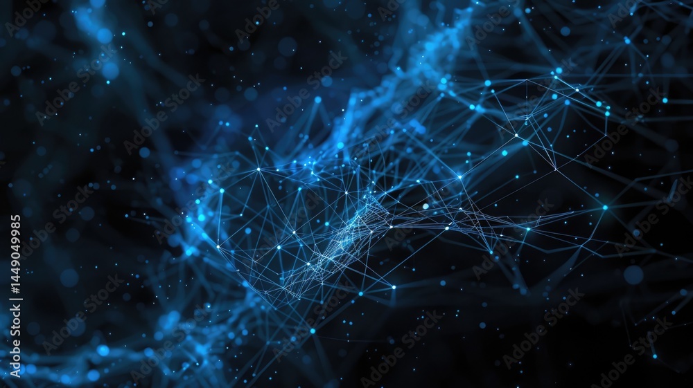 Poster explore a captivating abstract background featuring azure graphs with bright connecting nodes on a d