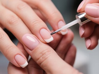 A person applying a clear topcoat to their manicured nails