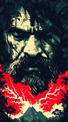 Intense Jungle Survivor Portrait with Volcano Eruption, Dramatic Lightning, and Dark Wilderness, Retro Vector Illustration Art
