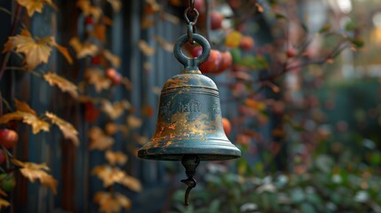 Fototapeta premium Rustic bell hanging from wall, autumnal decor